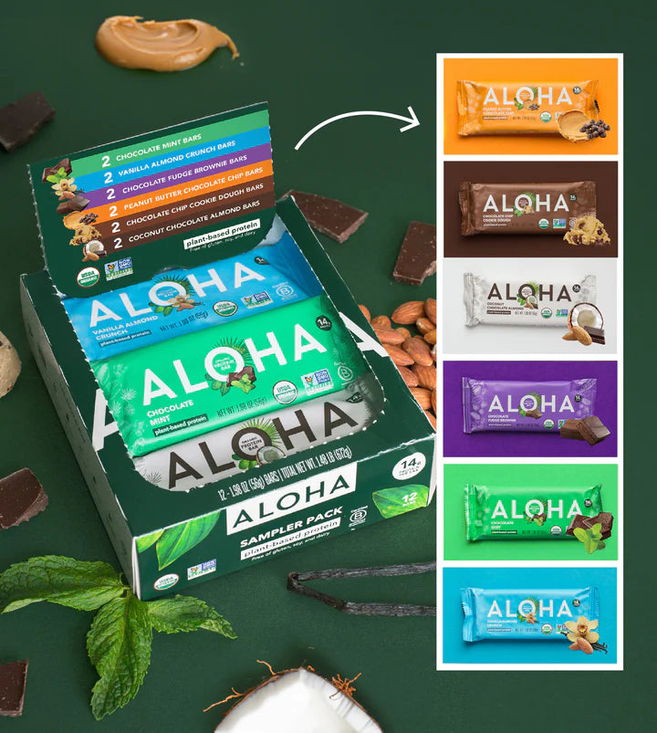 Aloha Organic snack bars in a sampler pack with individual bar images on a green background.