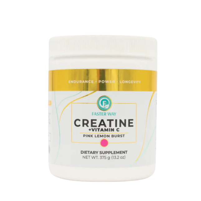 Supplement container labeled 'Creatine + Vitamin C' on a white background