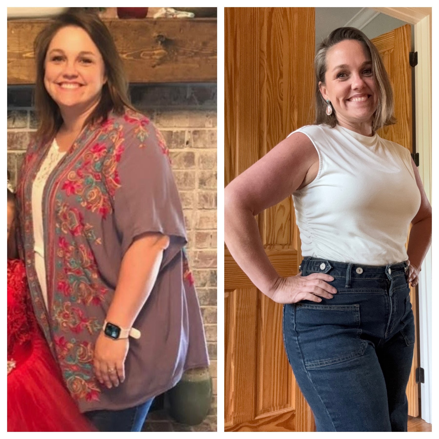Side-by-side comparison of a woman in two different outfits indoors, showcasing significant weight loss.