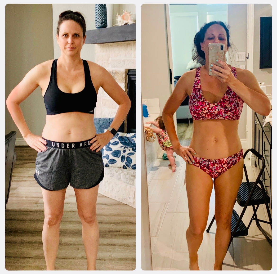 Side-by-side comparison of a woman in workout attire and a bikini.