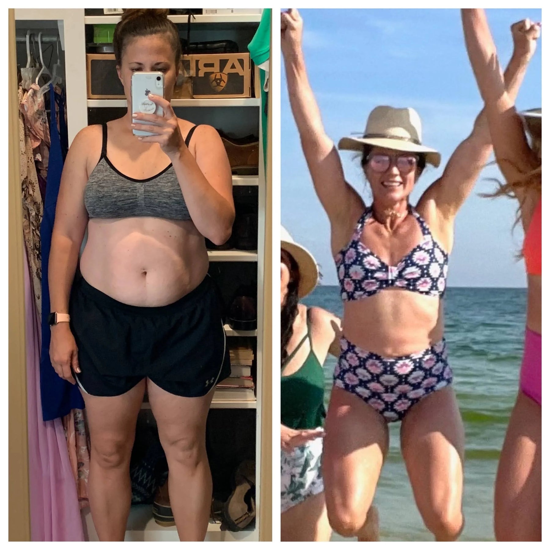 Before and after transformation of a woman at the beach