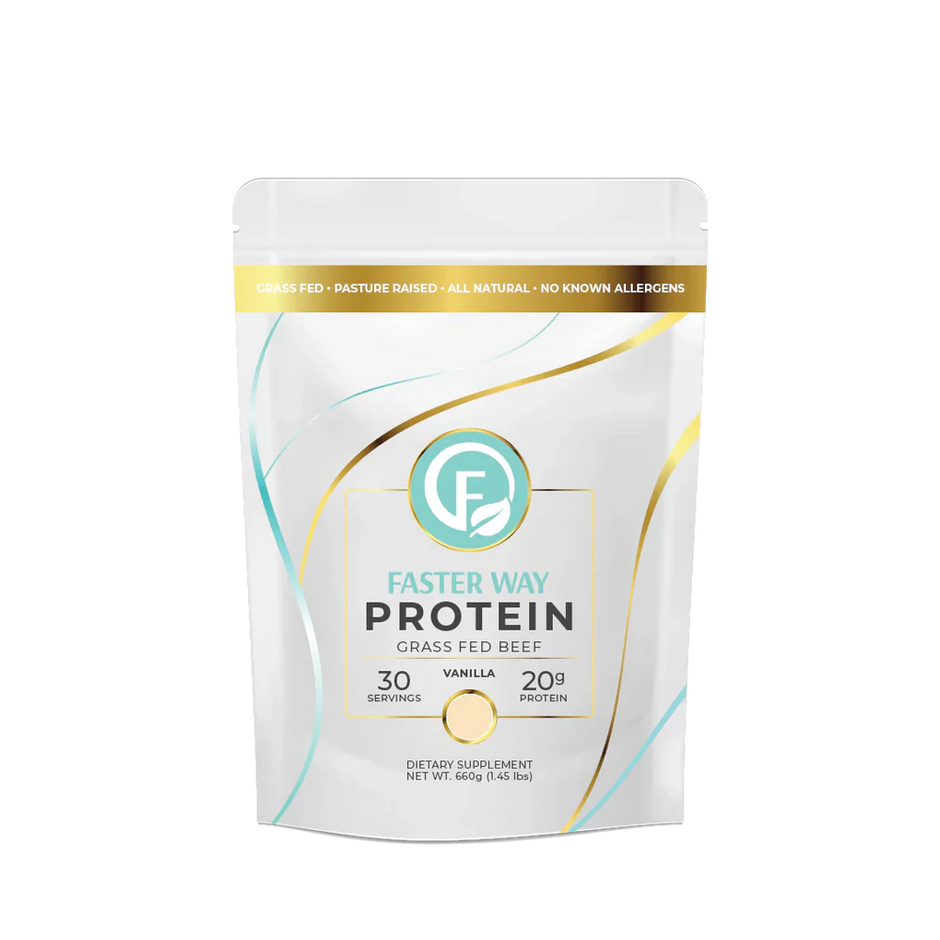 Protein powder package with 'Faster Way' branding on a white background